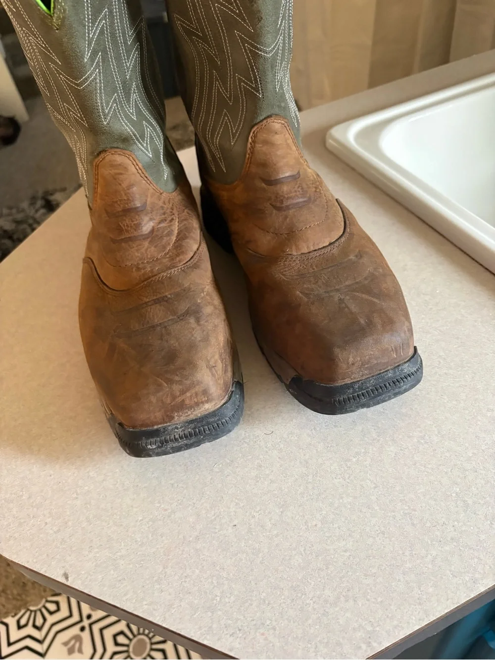 Ariat Brown Leather & Olive Pull-On Boots with Neon Green Accent